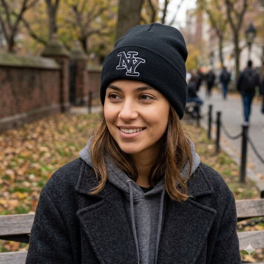 NY New York Beanie Black Knit Cuffed Embroidered Logo Unisex Winter Hat